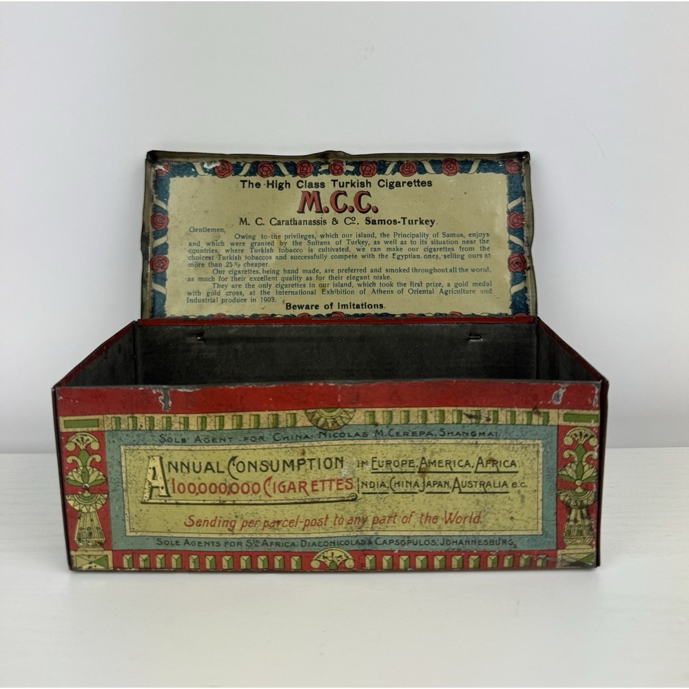 Antique Cigarette Tin MCC SAMOS Turkish Tobacco Box Decor 1900 Retro Advertising